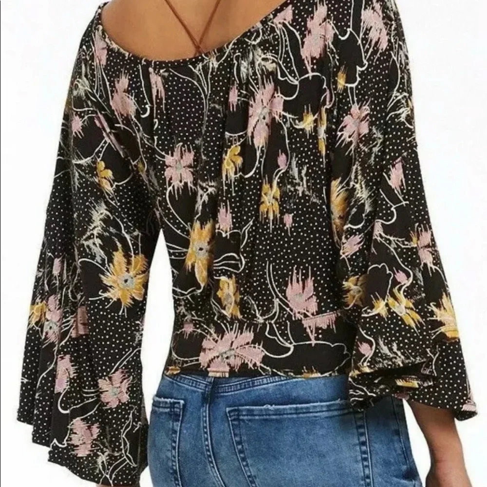 Free People One Last Time Black Floral Draped Bell Sleeve Top Size Small